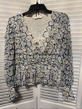 Rebecca Taylor Blue and Cream Floral V-Neck Smocked Waist Blouse
